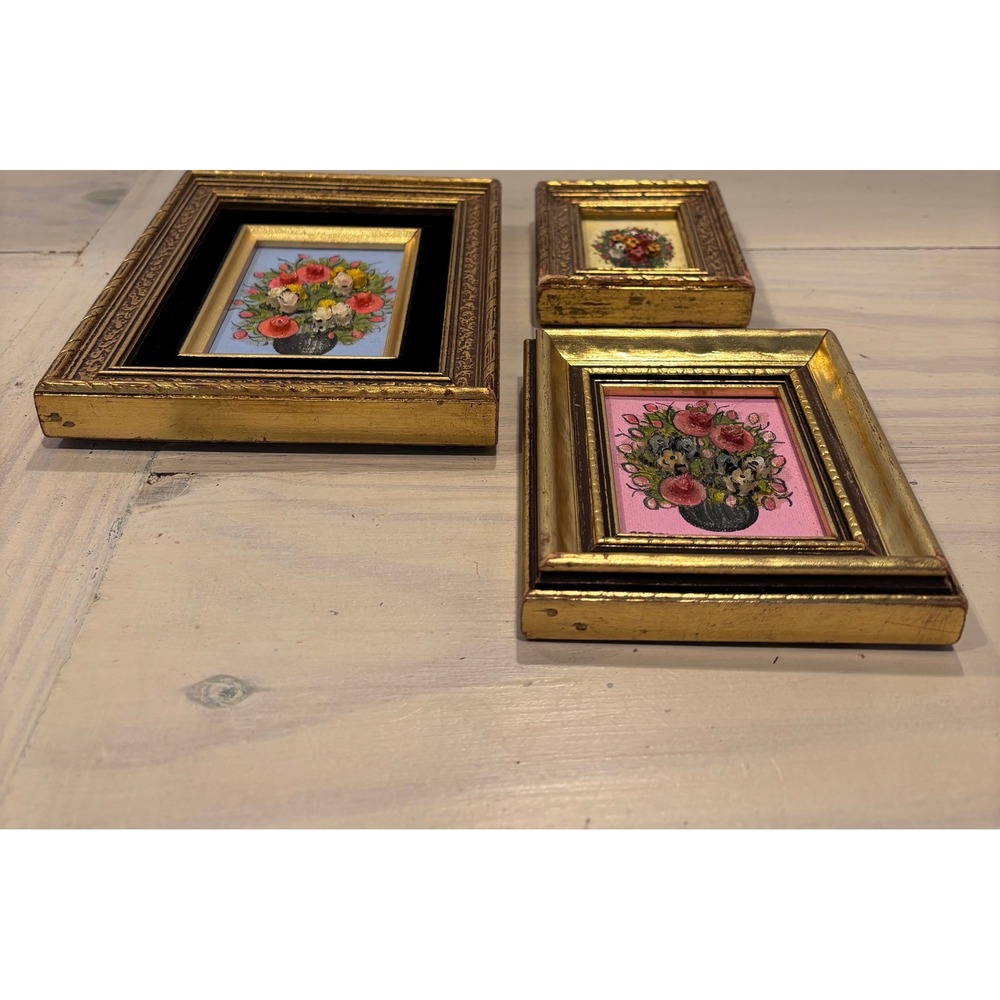Seder C Signed Miniature Floral Oil Paintings Set of 3 Gold Ornate Frames Art - Picture 2 of 12